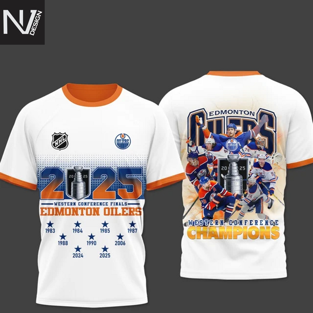 Edmonton Oilers Western Conference Champions 2025 3D T-Shirt - White Edmonton Oilers Western Conference Champions 2025 3D T-Shirt - White