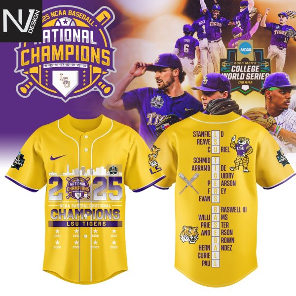 2025 LSU Tigers 2025 NCAA Division National Champions Baseball Jersey – Gold