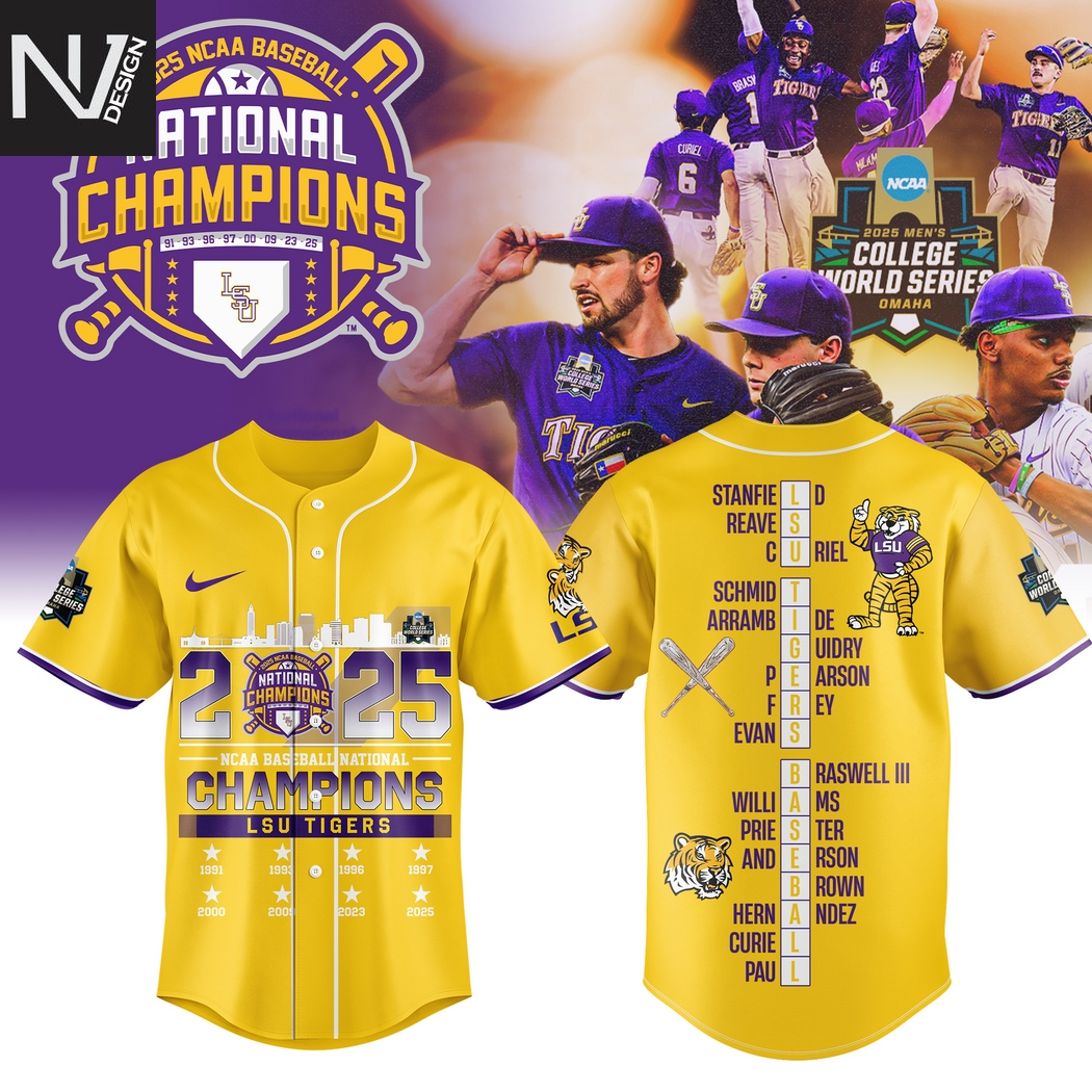 2025 LSU Tigers 2025 NCAA Division National Champions Baseball Jersey - Gold 2025 LSU Tigers 2025 NCAA Division National Champions Baseball Jersey - Gold