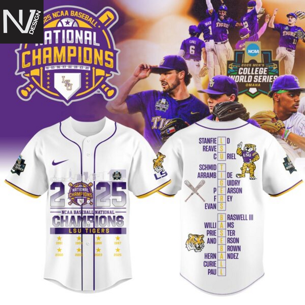 2025 LSU Tigers 2025 NCAA Division National Champions Baseball Jersey - White 2025 LSU Tigers 2025 NCAA Division National Champions Baseball Jersey - White