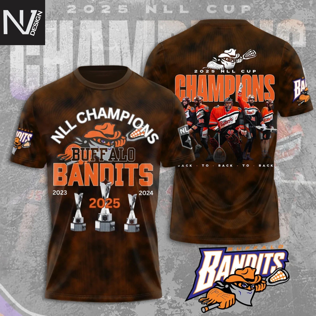 Buffalo Bandits 2025 NLL Cup Champions Back To Back To Back 3D T-Shirt Buffalo Bandits 2025 NLL Cup Champions Back To Back To Back 3D T-Shirt