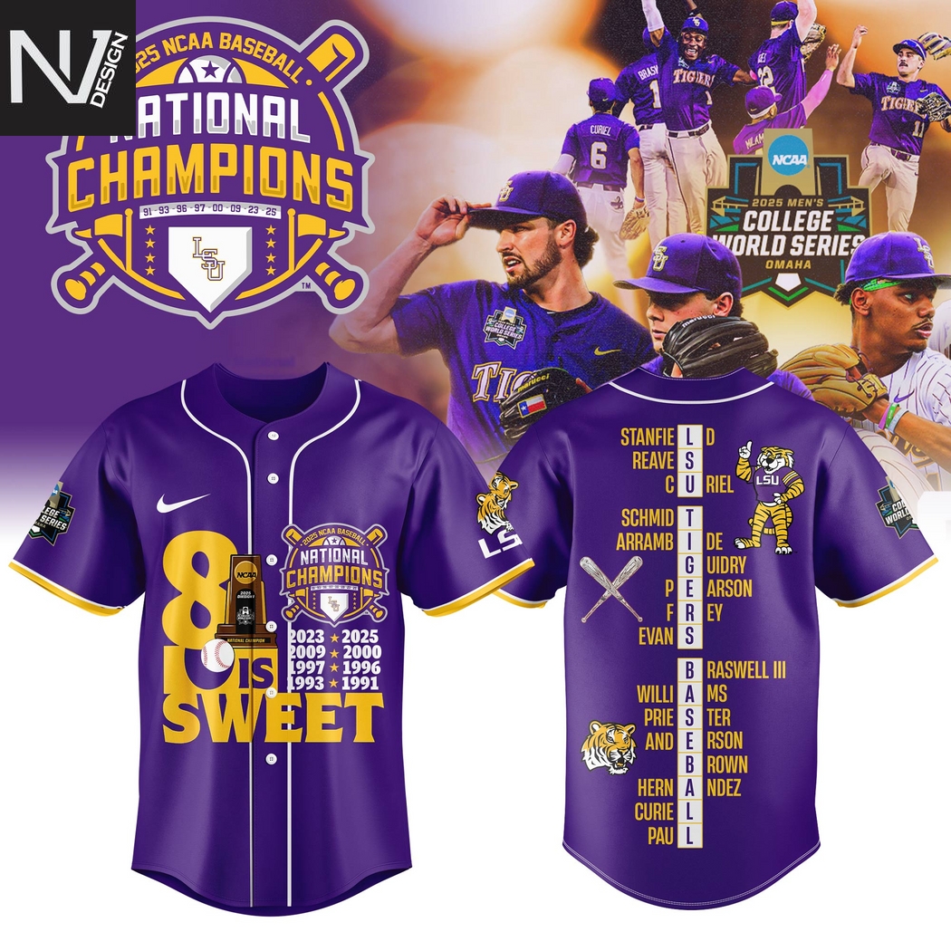 LSU Tigers 2025 NCAA Division National Champions 8 Is Sweet Baseball Jersey LSU Tigers 2025 NCAA Division National Champions 8 Is Sweet Baseball Jersey