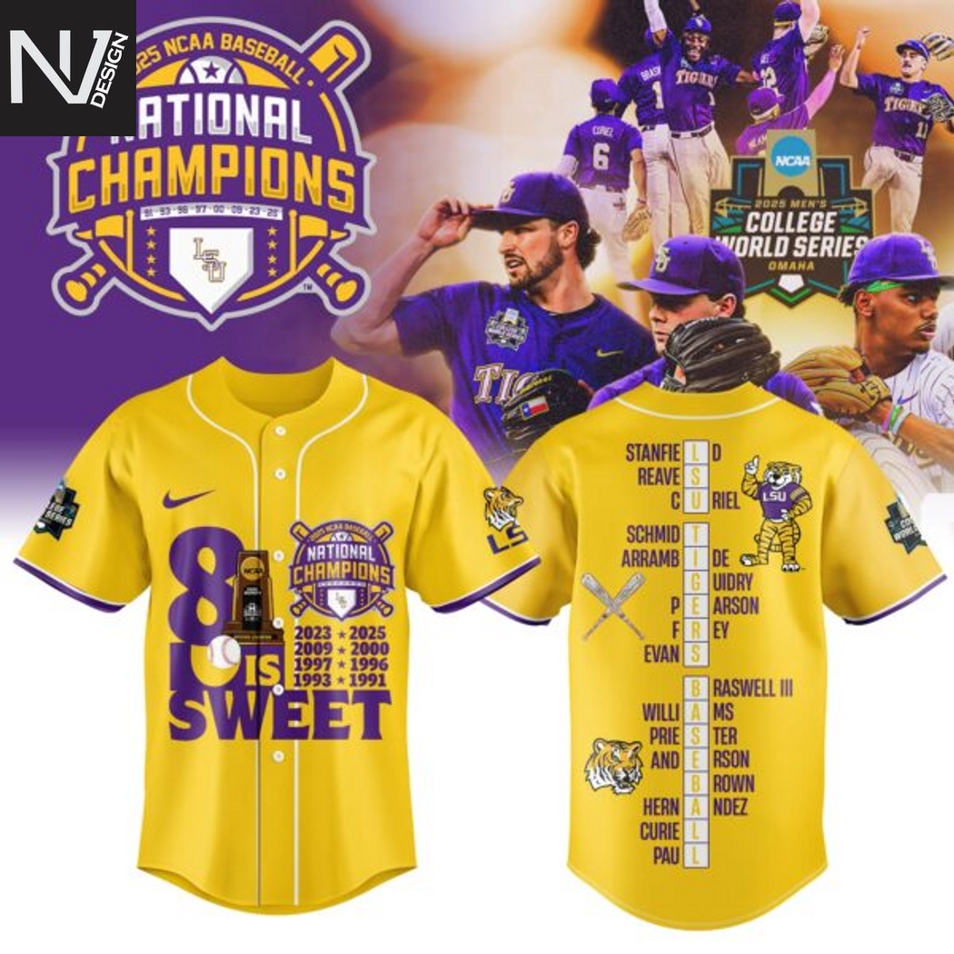 LSU Tigers 2025 NCAA Division National Champions 8 Is Sweet Baseball Jersey - Gold LSU Tigers 2025 NCAA Division National Champions 8 Is Sweet Baseball Jersey - Gold