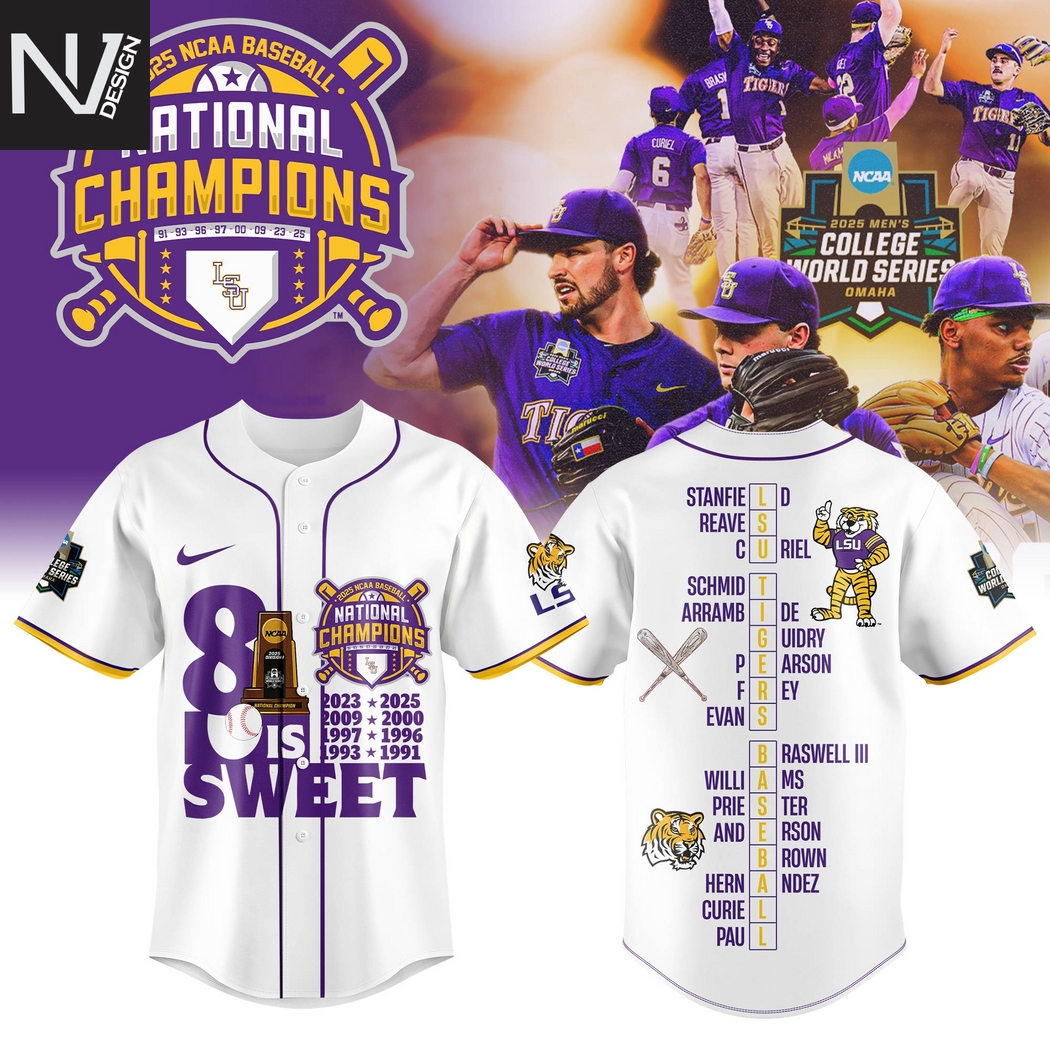 LSU Tigers 2025 NCAA Division National Champions 8 Is Sweet Baseball Jersey - White LSU Tigers 2025 NCAA Division National Champions 8 Is Sweet Baseball Jersey - White