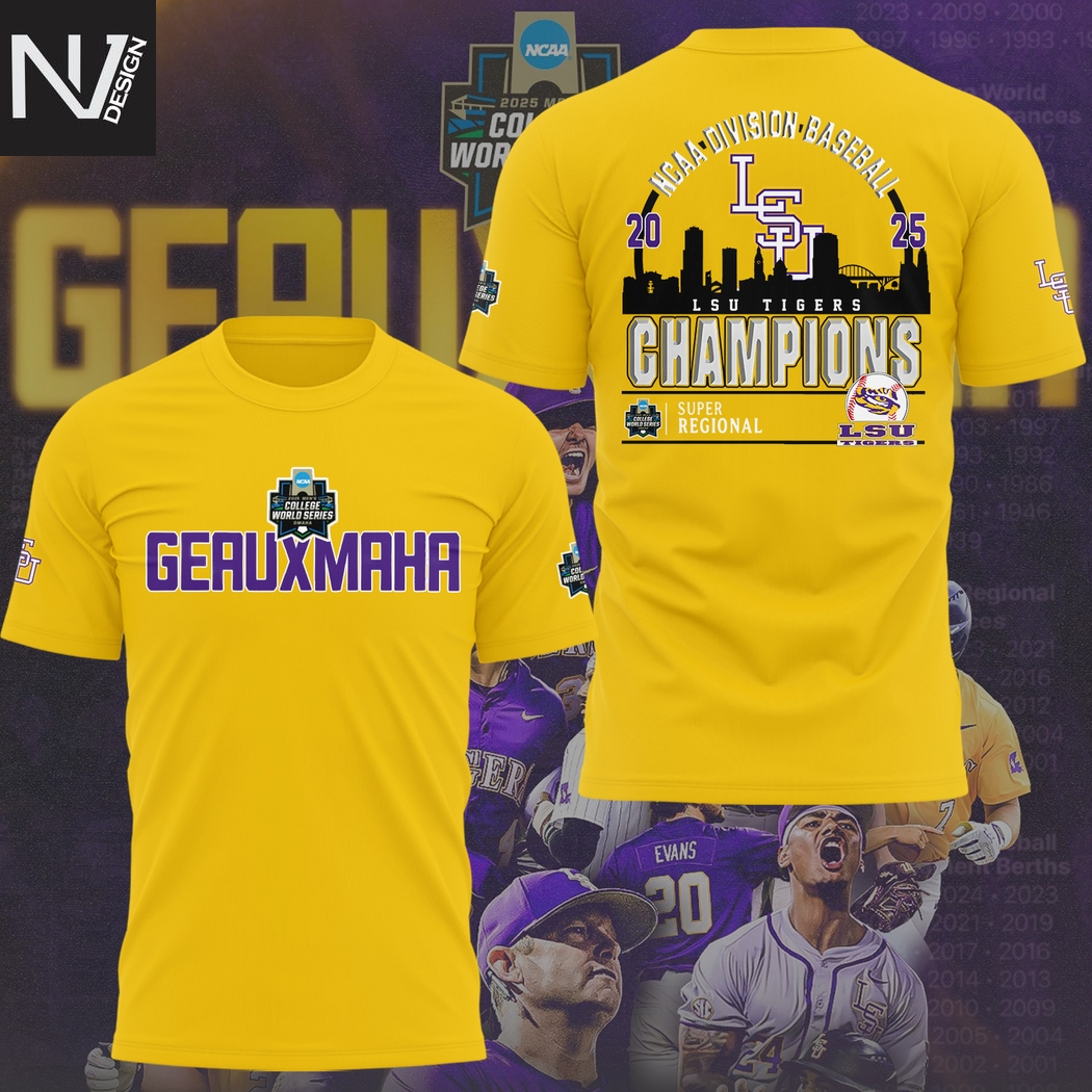 LSU Tigers NCAA Divison 2025 Baseball Champions Road To Omaha 3D T-Shirt LSU Tigers NCAA Divison 2025 Baseball Champions Road To Omaha 3D T-Shirt