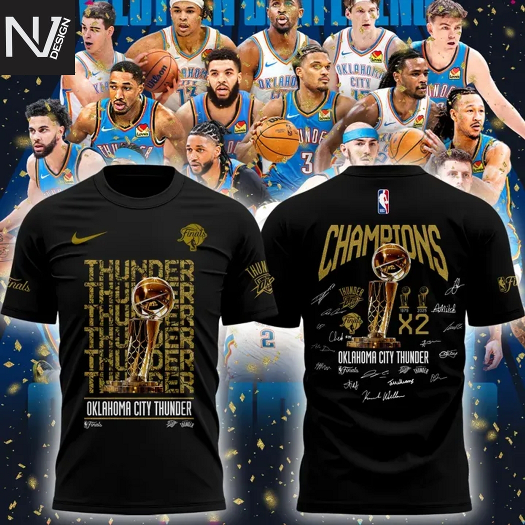 Oklahoma City Thunder Champions 2025 X2 Signature 3D T-Shirt - Black Oklahoma City Thunder Champions 2025 X2 Signature 3D T-Shirt - Black