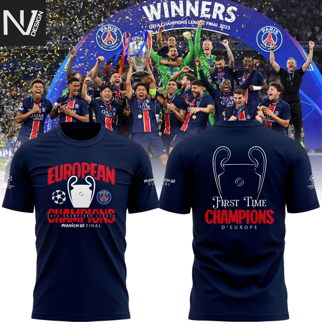 Paris Saint-Germain 2025 European Champions First Time Champions D Europe 3D T-Shirt Paris Saint-Germain 2025 European Champions First Time Champions D Europe 3D T-Shirt