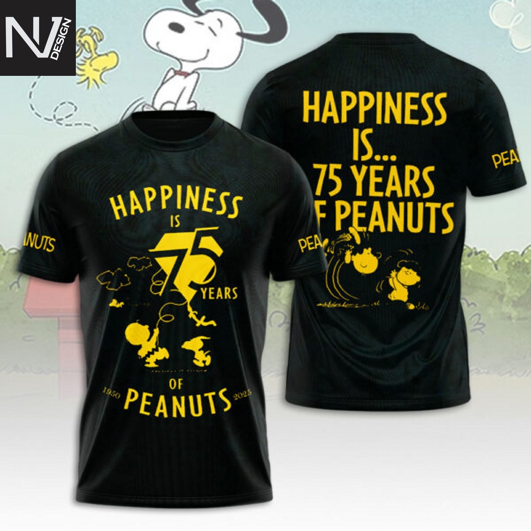 75 Years Peanuts Snoopy Happiness 3D T-Shirt - Black 75 Years Peanuts Snoopy Happiness 3D T-Shirt - Black