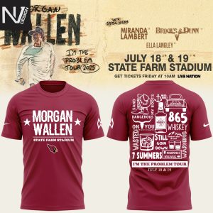 Morgan Wallen x Arizona Cardinals 2025 Im The Froblem Tour July 18,19 3D T-Shirt – Red