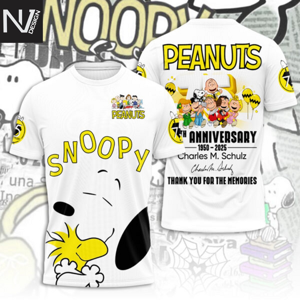 Peanuts 75th Anniversary 1950-2025 Charles M.Schulz Signature Thank You For The Memories 3D T-Shirt Peanuts 75th Anniversary 1950-2025 Charles M.Schulz Signature Thank You For The Memories 3D T-Shirt